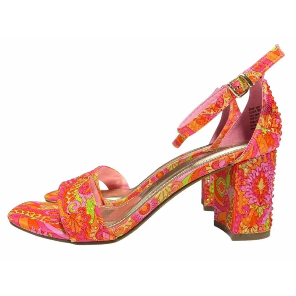Y2K Floral Rhinestone Sandals Block Heel Pink Orange Flowers Gems Heels Size 8.5